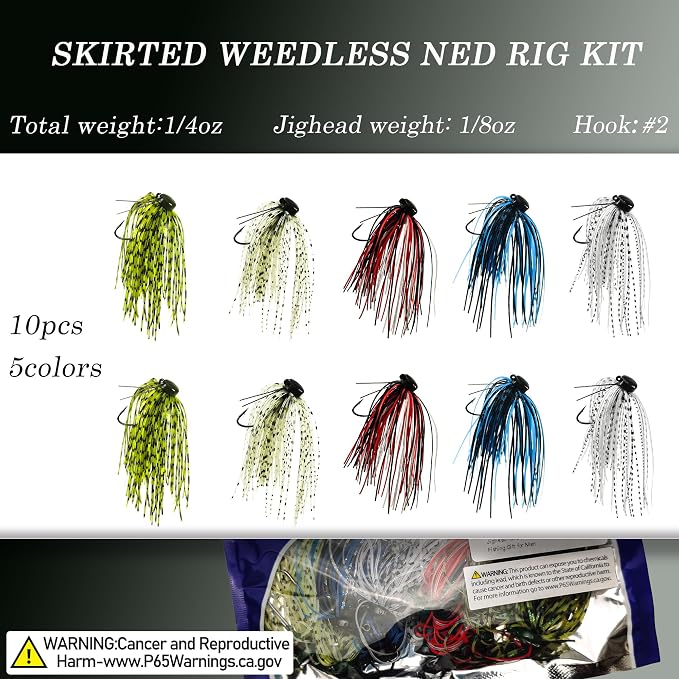 Ned Rig Jig Heads Soft Plastic Worms Fishing Lures Kit, 60/50/10 Pcs Weedless Skirted Mushroom Ned Rigs Jighead Hooks Stick Baits Bass Fishing Lures for Freshwater Saltwater