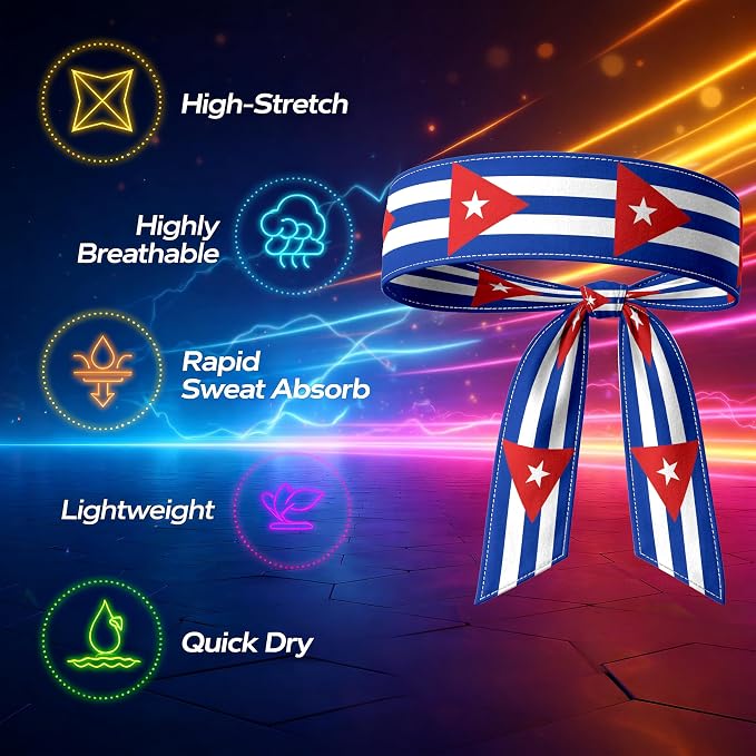 Tie Headband for Women & Men, Flag Patterned Sports Sweatband Head Wrap, Hair Bandana Accessory, 40" x 2.4"