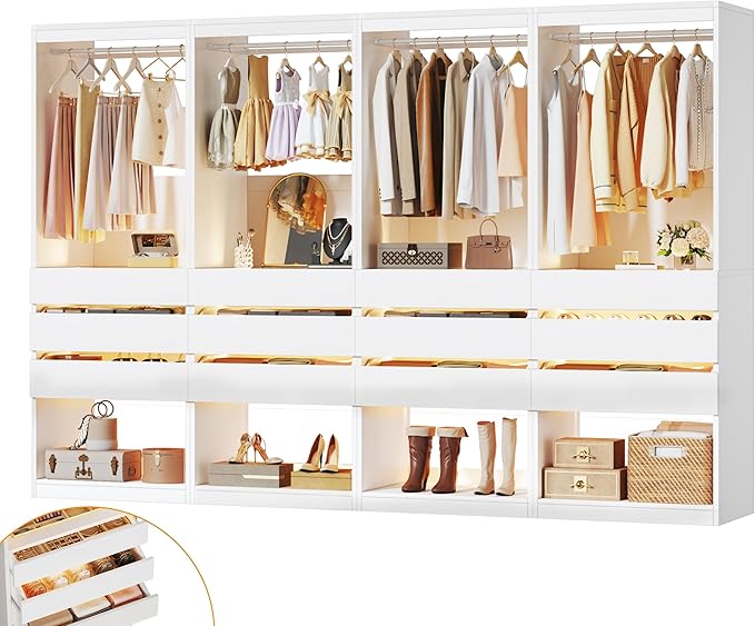 Freestanding Closet System Set of 4, 8FT Closet Organizer System with 12 Wood Drawers & Glasstop, 96" Closet Systems with Hanging Rod & LED Light, Large Walk-in Closet, White (96"L x 16" W x 80" H)