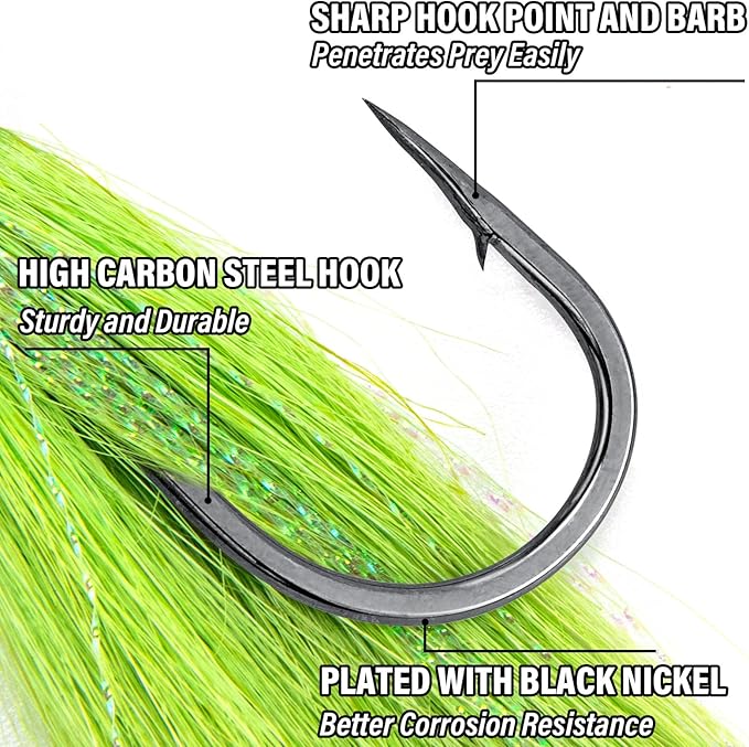 Alwonder 5-Pack Bucktail Jigs Hair Jigs Saltwater Freshwater Fishing Bucktail Lures Surf Fishing Jig Heads White Luminous Chartreuse Swimbait Jig for Bass Flounder Striper Bluefish Halibut Redfish