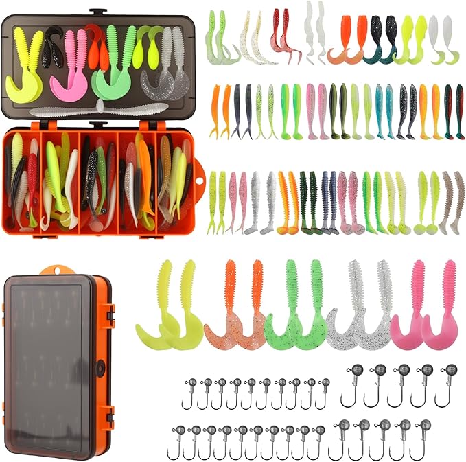 Soft Fishing Lures Set with Tackle Box, 6.5cm/8cm Paddle Tail Swimbaits, 60PCS Soft Plastic Baits with Curly Tails, Freshwater Fishing Lures for Bass, Trout, and More