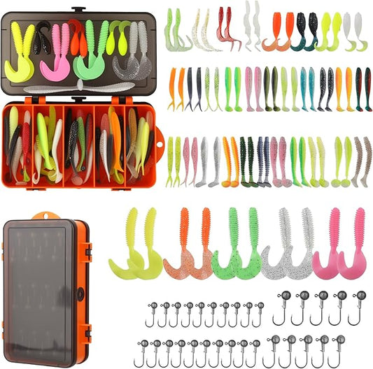 Soft Fishing Lures Set with Tackle Box, 6.5cm/8cm Paddle Tail Swimbaits, 60PCS Soft Plastic Baits with Curly Tails, Freshwater Fishing Lures for Bass, Trout, and More