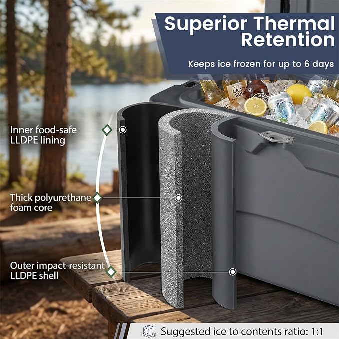 COSTWAY Portable Insulated Hard Cooler – Keeps Ice Up to 6 Days, Heavy-Duty Outdoor Ice Chest with Cup Holders, Built-in Fish Ruler & Bottle Opener for Camping, Fishing, Beach, Tailgating