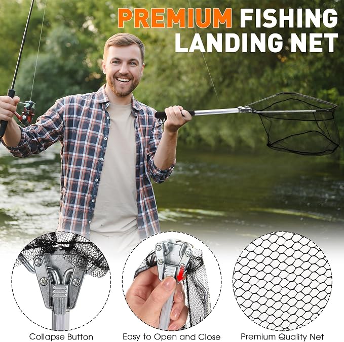 RoundFunny 10 Pcs Fishing Tool Kit, Fishing Pliers with Lanyard and Protective Sheaths, Landing Net, Fillet Knife, Fish Scale, Gripper, Hook Remover, Braid Scissors, Gloves for Men Dad Gift