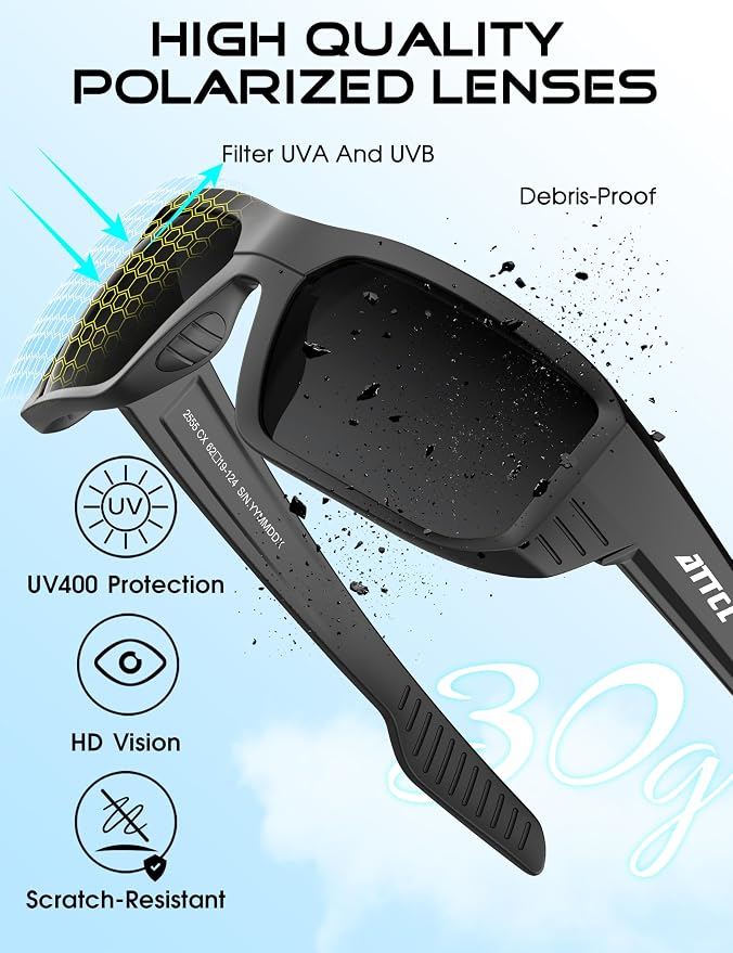 ATTCL Sports Polarized Sunglasses for Men: Ultra-Light Wrap Around TR90 Frame UV400 Protection for Fishing Driving Shooting