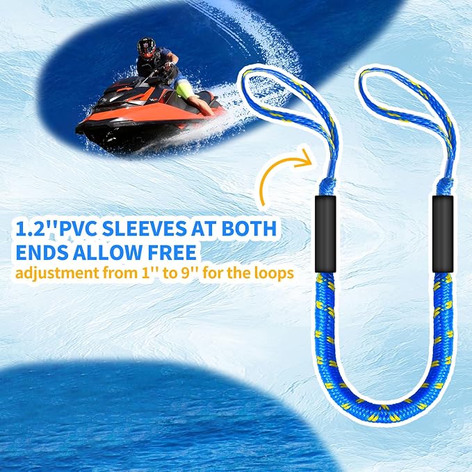 2-Pack Bungee Dock Lines for Boats with Loops, Boat Tie Downs for Docking, Adjustable Boat Mooring Rope for Pontoon, Jon Boat & PWC (Blue & Yellow, 4 FT)