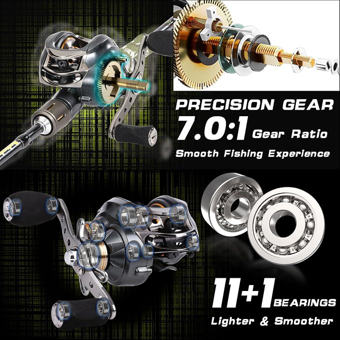 Sougayilang Baitcaster Combo for Freshwater and Inshore, 2 Piece 30Ton+24Ton Graphite Fishing Rod with SuperPolymer Handle, 7.0:1 Gear Ratio Baitcasting Reel, 11+1 Bearings, S Style Hook Keeper