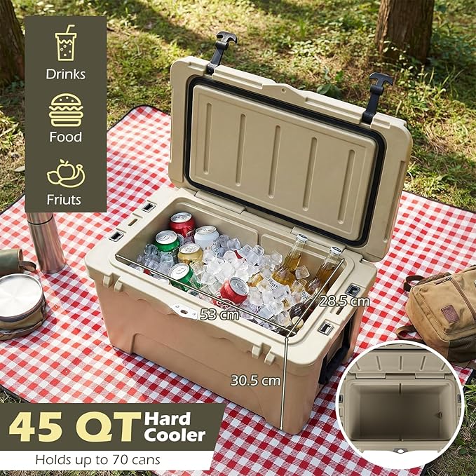 Goplus Hard Cooler, Insulated Ice Chest w/Portable Handles, Cup Holders, Ruler, Bottle Opener, 6 Day Ice Retention for Drink, Beverage, Camping, Fishing, Beach