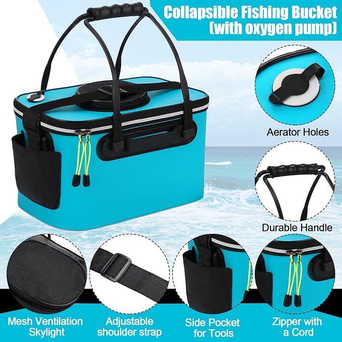 2 Pcs Fishing Bucket and Live Bait Aerator, Foldable Multi Functional Live Bucket Portable Quiet Aerator Outdoor Camping Fishing EVA Bag