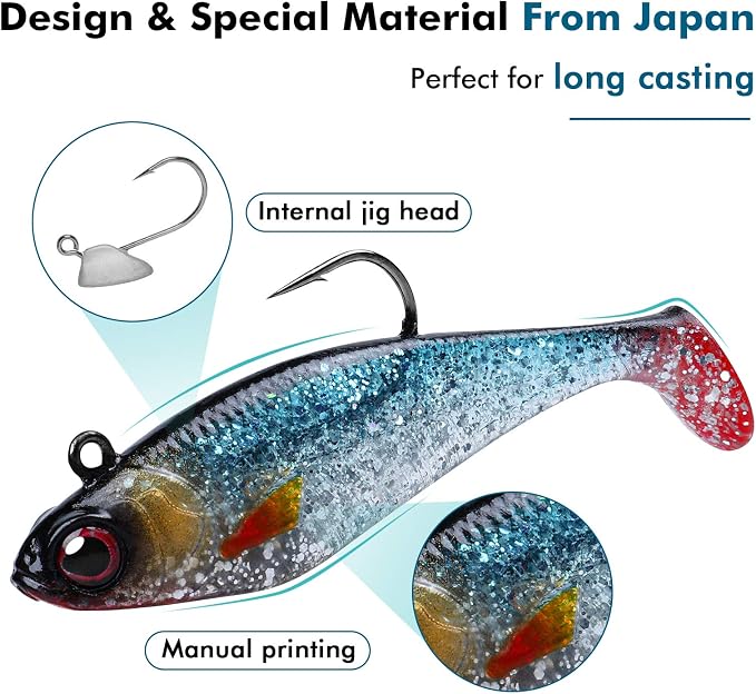TRUSCEND Duramax Pre-Rigged Fishing Lures with BKK Jig Hooks, 10X Tear-Resistant TPE Soft Swimbaits for Bass Striper Trout Crappie Walleye Grouper, Lifelike Fishing Baits for Saltwater and Freshwater