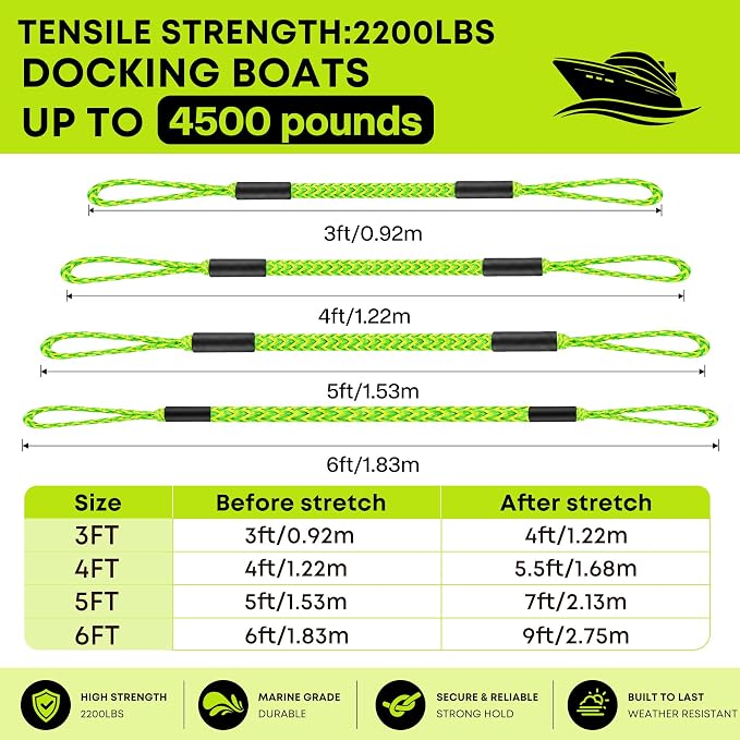 Boat Bungee Dock Lines, Scratch-Free Loop Ends Mooring Rope, Shock Absorbing Pontoon Tie Down Accessories Compatible with Models for Jet Ski（6ft-2 Pack-Green）