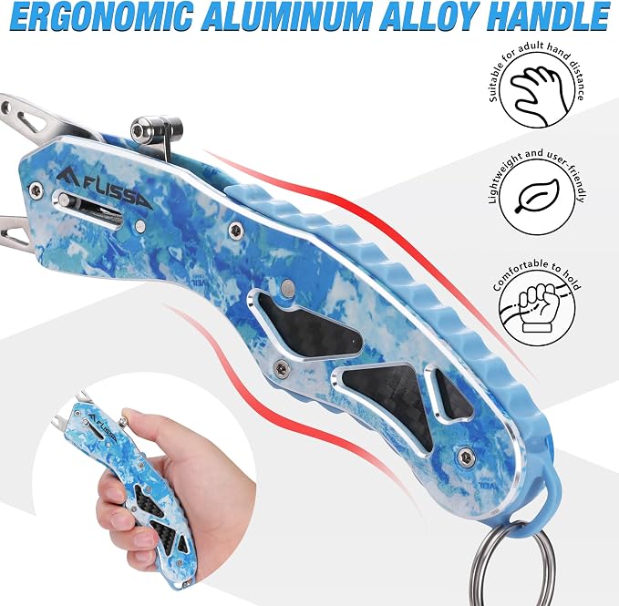 FLISSA 7" Camo Fish Gripper, 40 Pound Lip Gripper with Aluminium Alloy Handle, Stainless Steel Grabber with Carabiner and Spring Anti-Lost Rope, Lightweight Holder for Fishing