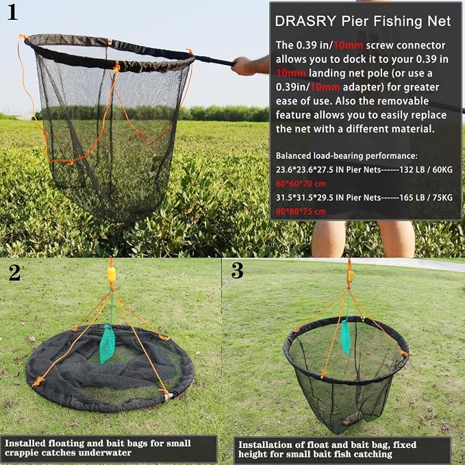 Drasry Foldable Bridge and Pier Fishing Landing Net - High Load-Bearing Aluminum Ring Drop Net for Saltwater Freshwater - Collapsible Basket With 49.2 FT Rope