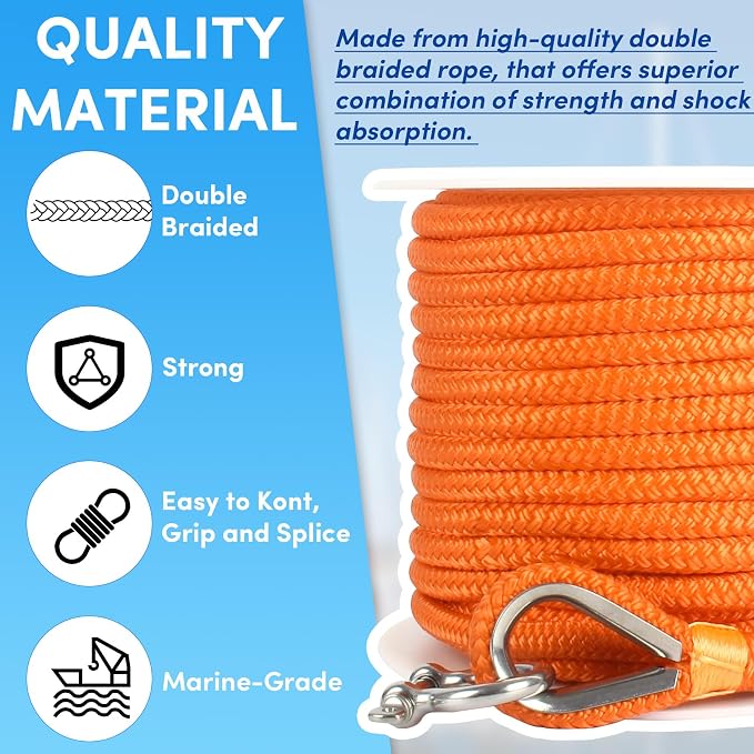 Boat Anchor Rope 100 ft x 3/8 inch Orange, Double Braided Anchor Line with Stainless Steel Thimble & Shackle, Marine Rope Ideal for Towing,Mooring,Decks,Anchoring,for Boats Up to 27'