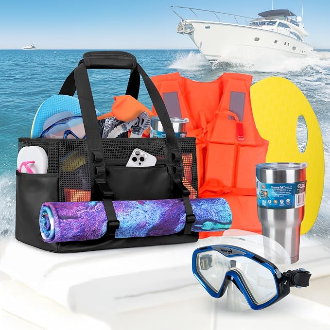Yarwo Boat Gear Tote Bag, 35.5L Waterproof Boat Accessories Organizer with Marine-grade Coated Mesh and Wet Dry Pockets