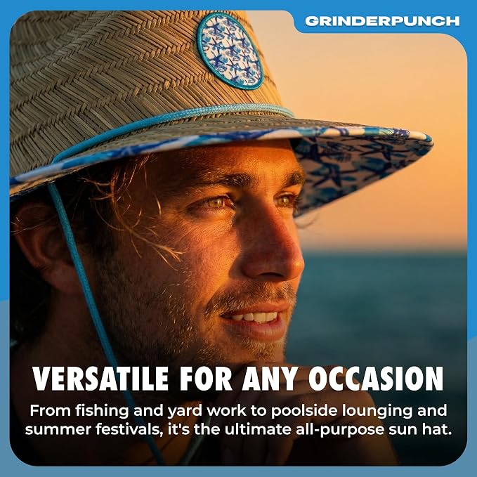 grinderPUNCH Lifeguard Hat Mens Straw Sun Hat for Outdoor American Flag USA Patriotic Straw Beach Fishing Straw Hat for Men
