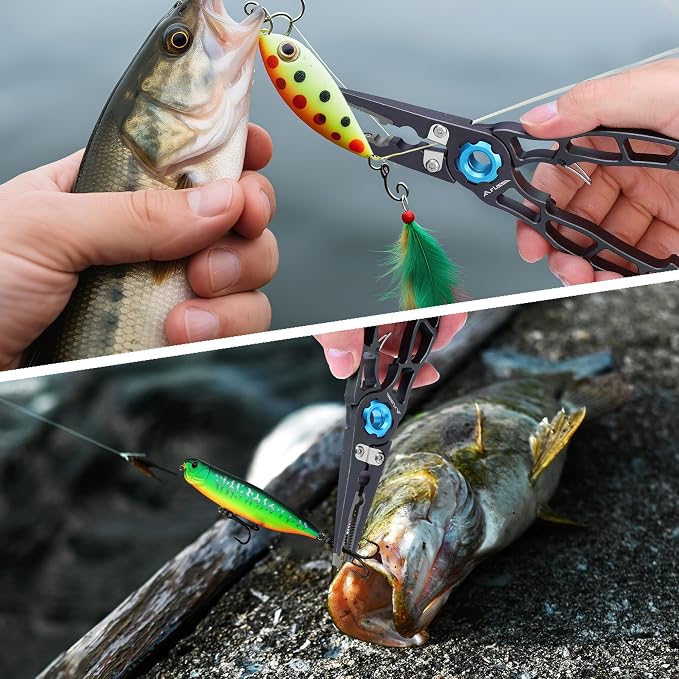 FLISSA Fishing Pliers, Safety Lock Design Fish Pliers Saltwater, Aluminum Hook Remover, Titanium 6Al-4V Jaw and Tungsten Carbide Line Cutters, Sheath & Lanyard, Fishing Gear Gifts for Men