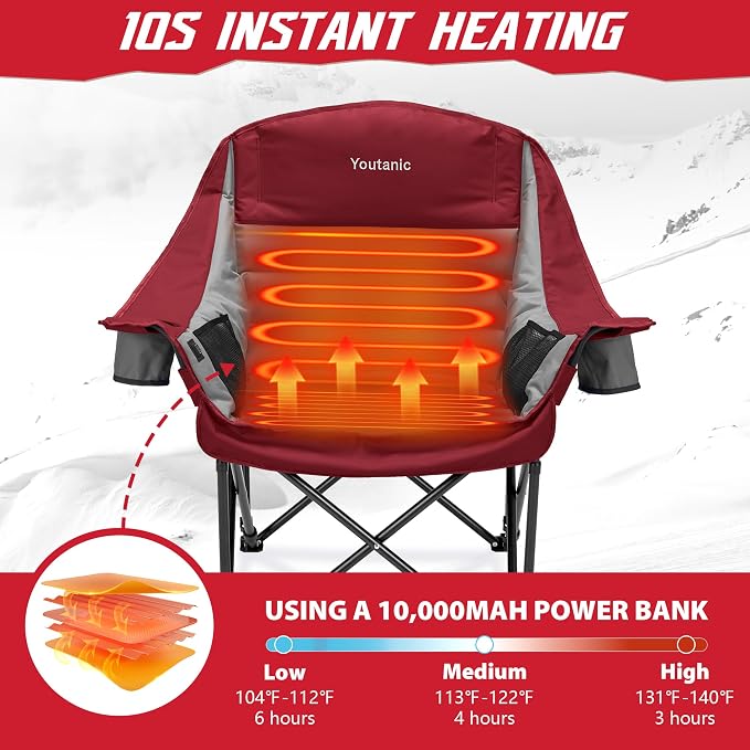 Youtanic Oversized Extra Large Heated Padded Camping Chair up to 500lbs, 3 Heat Levels Camp Chair with Carry Bag, Outdoor Heating Folding Chairs for Adults, Fishing, Sports, Picnic, Gray-Red