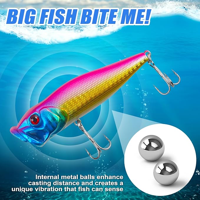OROOTL Fishing Popper Lures, 8pcs Topwater Fishing Lures Hard Baits Lifelike Swimbait with Treble Hook Poppers for Bass Trout Walleye Pike Panfish Freshwater Saltwater