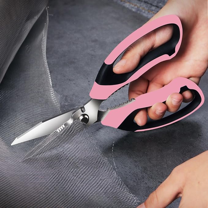 BoFuYuan 8-Inch Utility Scissors All Purpose Heavy Duty, Serrated Blade, Pink Comfort Grip for Cutting Carpet, Cardboard, Leather, Fabric, Multipurpose Sharp Shears for Kitchen, Garden, Office, Carft