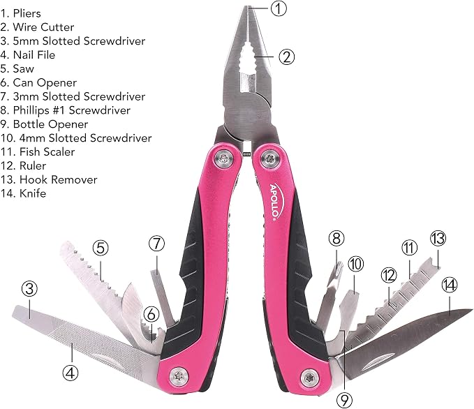 Apollo Tools 14-in-1 Steel Pocket Multitool Pliers, Dozens of Uses for Everyday Life, Repairs, Survival, Outdoors, Camping, Fishing - Pink Ribbon - Pink - DT5015P