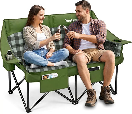 Youtanic Double Camping Chair, Heavy Duty 650lbs Padded Loveseat for Adults, Folding 2 Person Camp Couch with Cup Holder & Carry Bag, Wide Plaid Portable Lawn Seat for Outdoor Beach Sports, Green