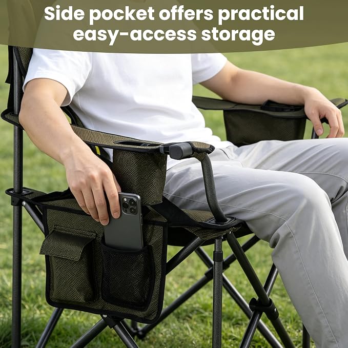Oversized Camping Chairs for Adults 2 Pack Heavy Duty 450LBS Thick 600D Oxford Fabric Outdoor Waist Support Folding Camping Chairs with Cup Holder and Ice Bag for Sports, Fishing, Lawn (Black & Green)