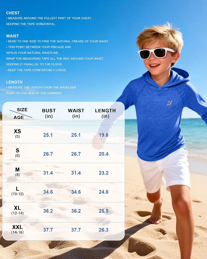 Roadbox Boys Rash Guard Hooded Fishing Shirt, Kids UPF 50+ Long Sleeve Sun Hoodie, Youth UV Protection Beach Swim Shirts