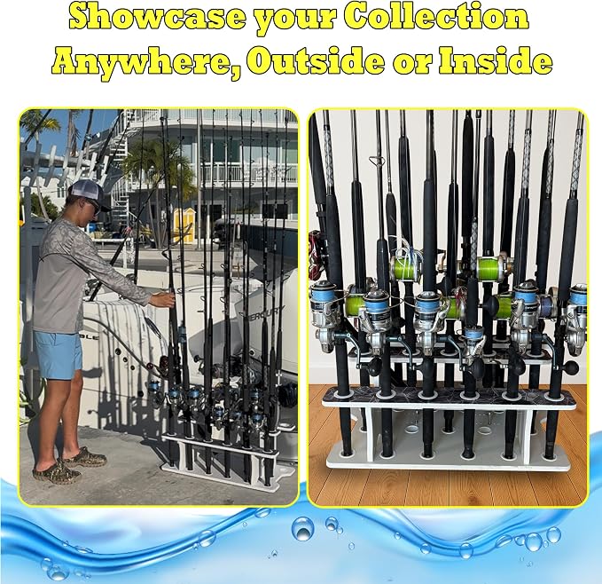 Rush Creek Creations Reel Salty 19-Rod Marine Grade Fishing Pole Holder with Tri-Level Design, UV-Resistant, 100% Waterproof Fishing Rod Holder for Garage and Dock, Blue/White