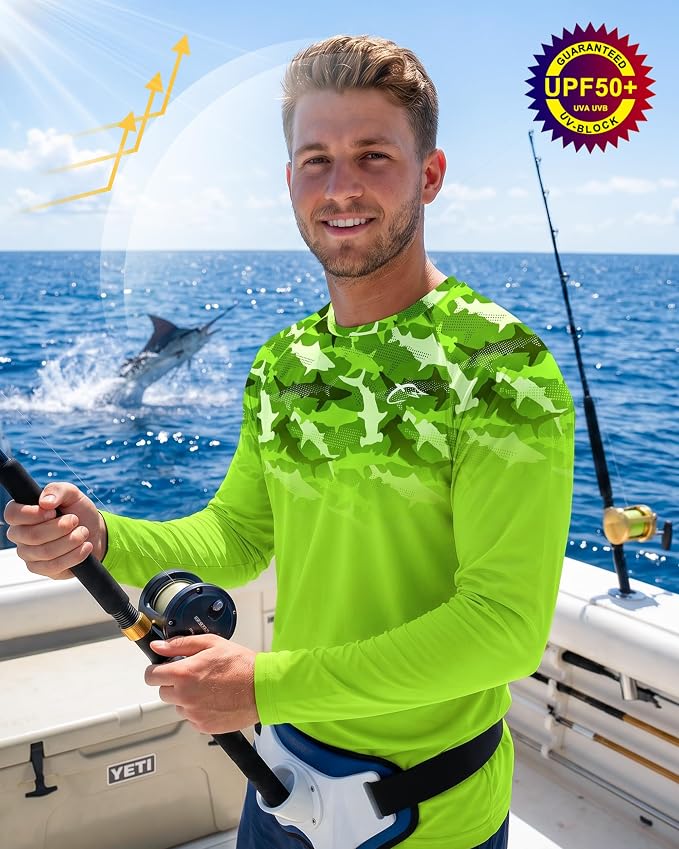 FISHEAL Men's Long Sleeve Fishing Shirts, UPF 50+ Camo Sun Protection Rash Guard, UV Shirt for Swimming Hunting Outdoor