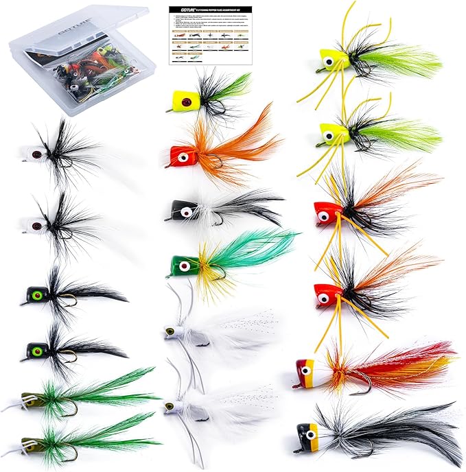 Goture Fly Fishing Poppers Lures, Topwater Popper Flies Bugs Lure, Fly Fish Poppers Fishing Lures Kit, Dry Flies for Panfish Bluegill Crappie Sunfish Bass Trout Salmon