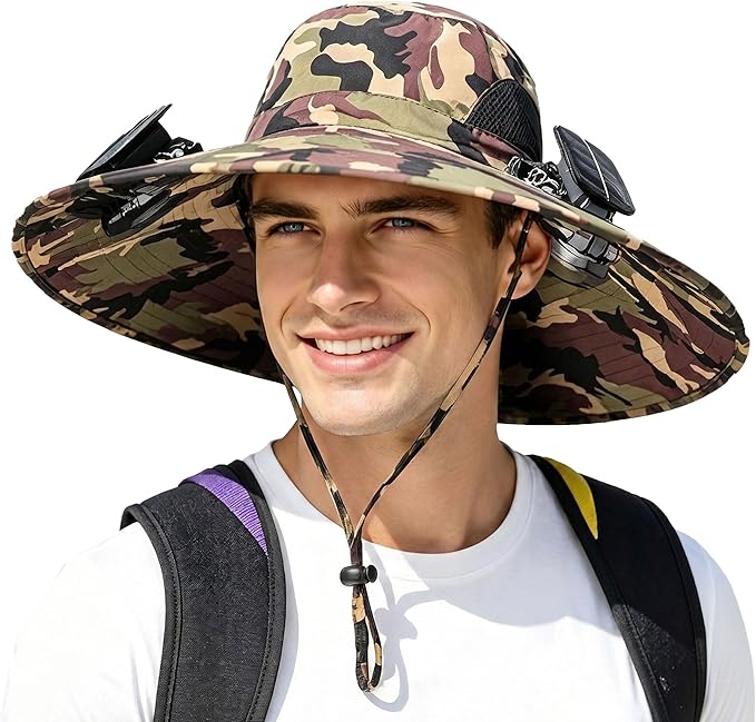 Men Sun Hat with 2 Solar Fan UPF 50+ Fishing Hats Wide Brim UV Protection Sun Hat, USB Charging