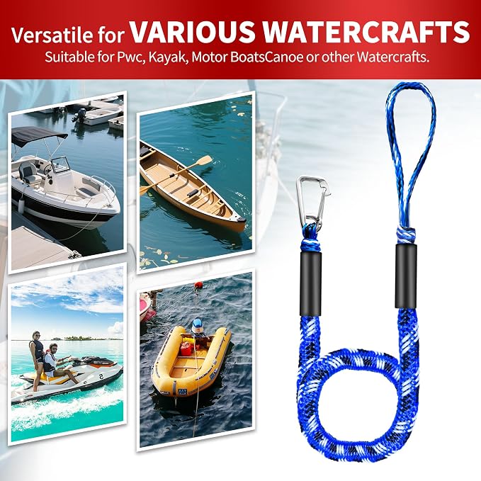 Bungee Dock Line with Stainless Steel Clip – Boat Dock Rope with Foam Float for Kayak, Canoe, Pontoon, Watercraft, SeaDoo, Docking – 4–5.5 ft, 2 Pack（Blue&White）