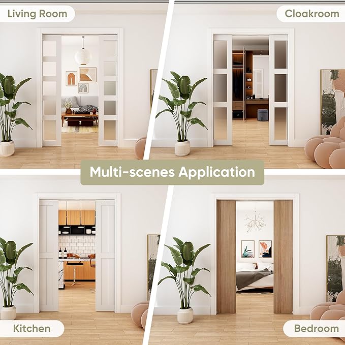 10FT Double Pocket Door Track Kit, 2 Sets of 56.7" Spliced Rail, Suitable for Double Door Width 48"-60"(Single Panel 24"-30"), Slide Quietly and Smoothly, Easy to Install