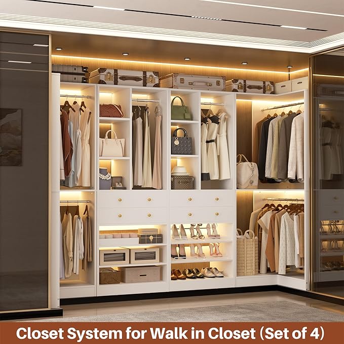 Closet System with 4 Drawers & Corner Tower, Closet Organizer System with 4 Hanging Robs, Reversible U Shaped Walk-in Closet System, Load 2600+LBS Capacity, Set of 4, White