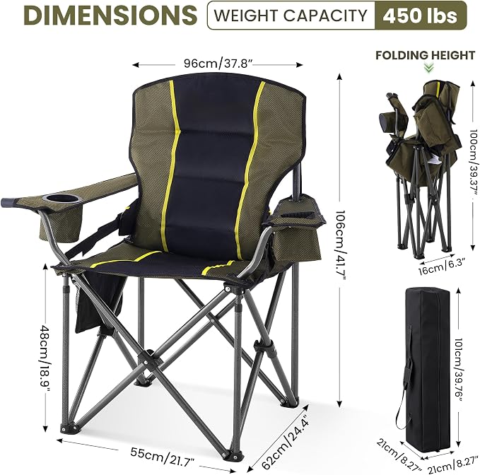 Oversized Camping Chairs for Adults 2 Pack Heavy Duty 450LBS Thick 600D Oxford Fabric Outdoor Waist Support Folding Camping Chairs with Cup Holder and Ice Bag for Sports, Fishing, Lawn (Black & Green)