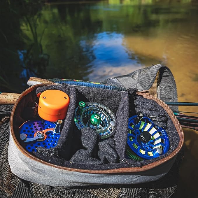 Raprance Fly Fishing Reel Case - Padded Tackle Organizer Bag with 2 Dividers, Water-Resistant Protective Gear Storage for Fishing Accessories