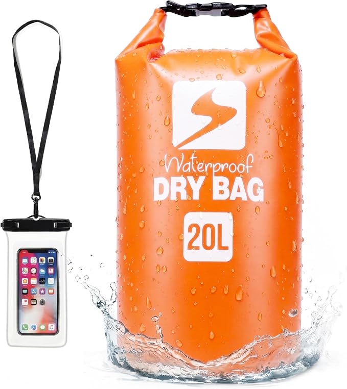 Soulsfeng Waterproof Dry Bag Backpack, Roll Top Floating Dry Storage Bag with Phone Case, Lightweight Dry Sack for Kayaking, Boating, Beach, Travel, Camping 20L, Orange
