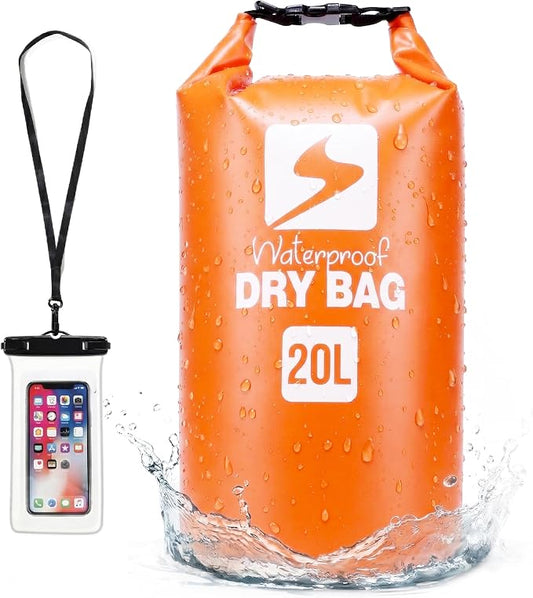 Soulsfeng Waterproof Dry Bag Backpack, Roll Top Floating Dry Storage Bag with Phone Case, Lightweight Dry Sack for Kayaking, Boating, Beach, Travel, Camping 20L, Orange