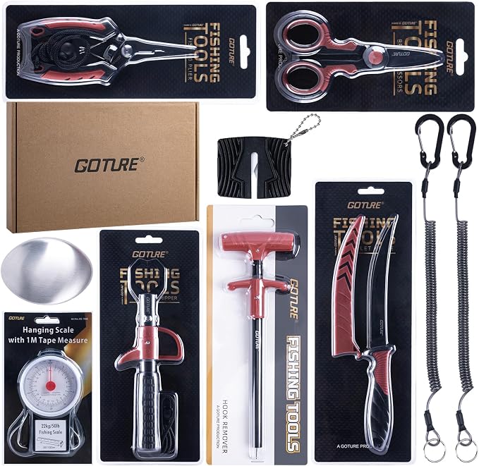 Goture Fishing Tool Kit,Fishing Pliers,Fillet Knife with Sheath,Fish Lip Gripper,Fish Hook Remover,Lanyard,Line Scissors,Sharpener,Stainless Steel Soap,Saltwater Gear Kit,Red/Pink,Gifts for Men/Women