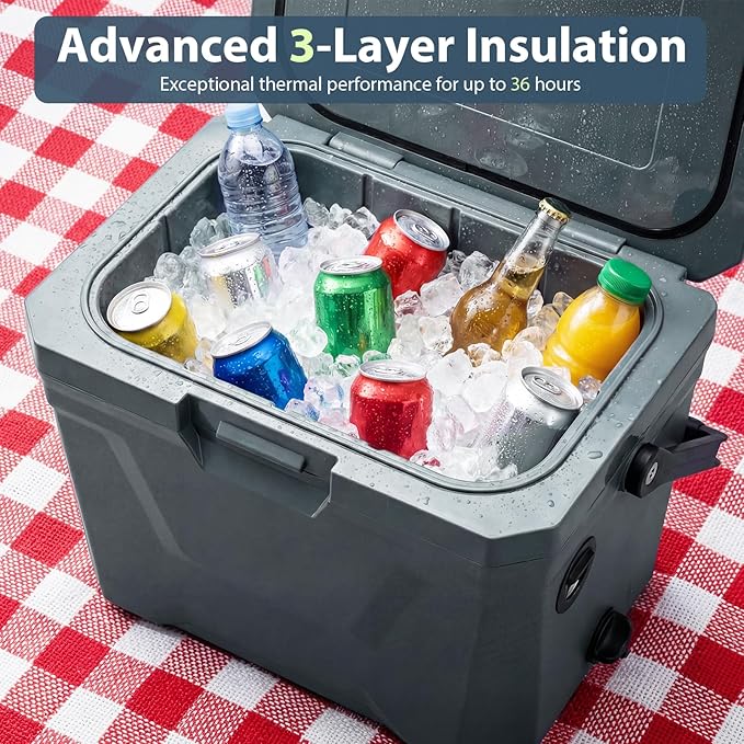 KOTEK 21qt Hard Cooler, Insulated Portable Ice Chest with Drain Plug, Bottle Opener & Cup Holders, Outdoor Cooler with Handle for Camping, Beach, Fishing and Boating