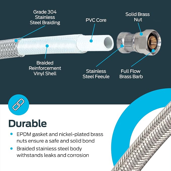 Eastman 10 foot Dishwasher Supply Line, 3/8 Inch Compression x 3/4 Inch FHT Elbow, Braided Stainless Steel Dishwasher Connectors, 41015