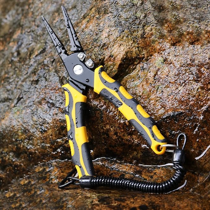 Sougayilang Fishing Pliers,Sheath and Lanyard Tungsten Carbide Cutters,420 Stainless Steel Fishing Tools,Saltwater Resistant Fishing Gear with Rubber Handle-7.5'' Straight Nose - Yellow