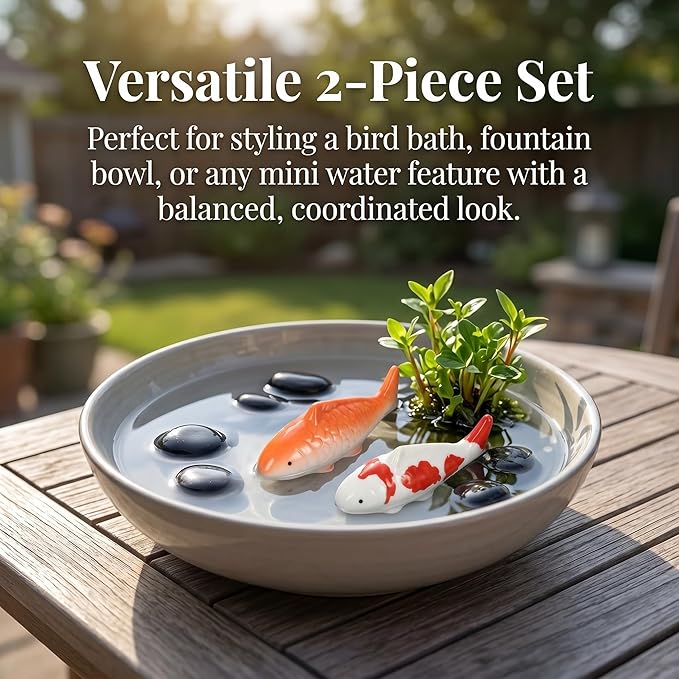 Housoutil Ceramic Floating Koi Fish, 2PCS Ceramic Floating Fake Fish Goldfish Koi Decor Realistic Water Pond Decor for Outdoor Fountain, Bird Bath, Mini Water Garden and Fake Aquarium