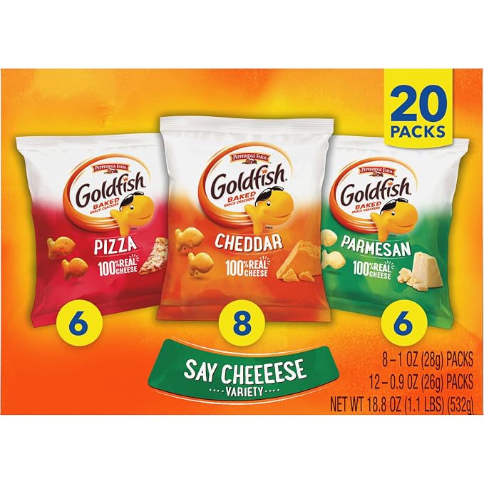 Goldfish Crackers Say Cheeeese Variety Pack with Cheddar, Pizza and Parmesan, Snack Packs, 20 Ct (Pack of 2)