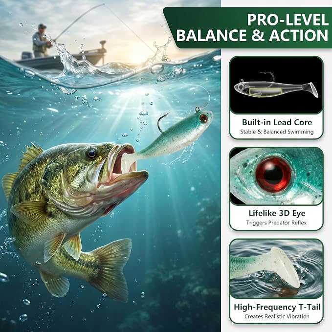 Soft Fishing Lures for Bass Fishing:Pre-Gigged Swim Baits for Saltwater or Freshwater.Soft Plastic Fishing Accessories.
