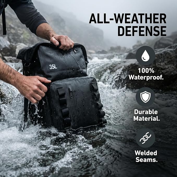 Greencity 100% Waterproof Roll-Top Dry Bag Backpack with Front Splash-Proof Pocket, Lightweight Floating Pack for Kayaking, Hiking & Travel,35L (Black)