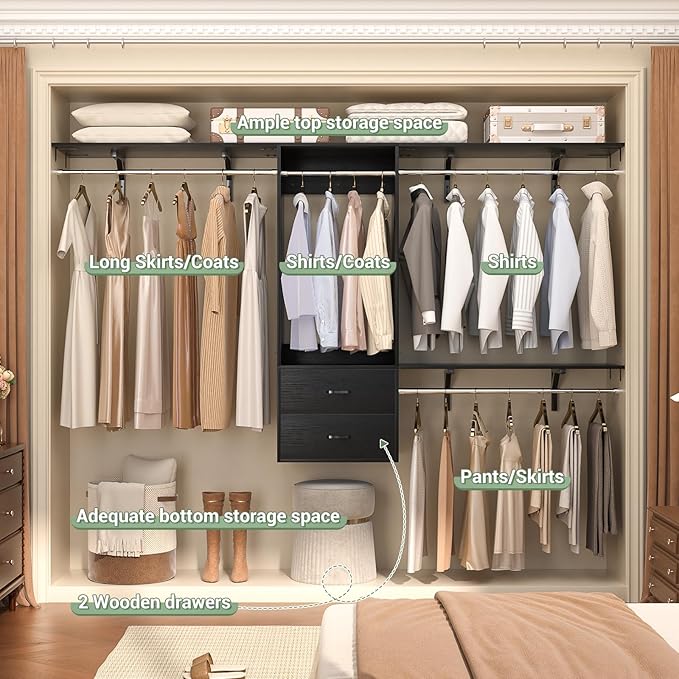 Closet System, 4-8ft Wood Closet Organizer System with 2 Wooden Drawers, Walk-in Wardrobe Clothes Rack with 4 Hanging Rods, Adjustable Heavy Duty Garment Rack,Black
