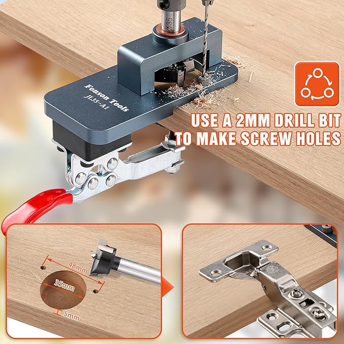 Metal Concealed Hinge Jig, 35MM Cabinet Hinge Jig Drilling Hole Puncher with Quick Clamp， Accurate Hinge Drill Jig Woodworking Tool for Doors Cabinets Hinges Mounting (Gray)