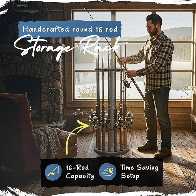 Rush Creek Creations 16-Rod Round Fishing Rod Holder for Garage, 360° Access Fishing Pole Holder for Fishing Rods, Reels, and Gear, Securely Holds 16 Rods, Barnwood